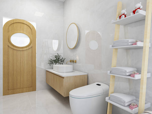 istock 3D rendering, modern residential clean bathroom design, with washbasins, mirrors, toilets, shower equipment and bathtubs 1214046985