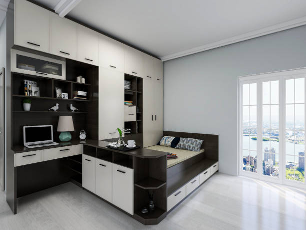 istock 3D rendering, elegant and spacious bedroom design in modern apartment, desk beside big bed 1214048616