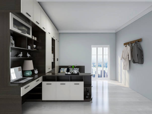 istock 3D rendering, elegant and spacious bedroom design in modern apartment, desk beside big bed 1214048621