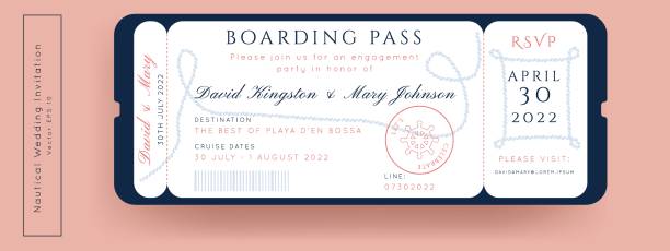 Nautical Wedding Invitation Vector Set.Boat Boarding Pass ticket template.Sailor theme in Classic vintage style.Elegant sea invite card overlay in white and navy blue colors. Modern luxury design.