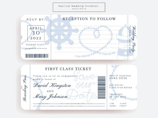 Nautical Wedding Invitation Vector Set.Boat Boarding Pass ticket template.Sailor theme in Classic vintage style.Elegant sea invite card overlay in white and navy blue colors. Modern luxury design.