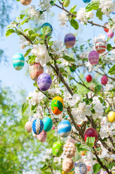 muchos huevos de pascua pintados brillantemente cuelgan en un árbol - easter ornament fotografías e imágenes de stock