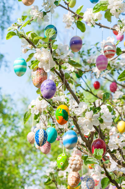 molte uova di pasqua dipinte a colori vivaci pendono su un albero - easter ornament foto e immagini stock