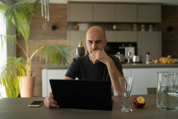 one mature adult man working from home during coronavirus quarantine