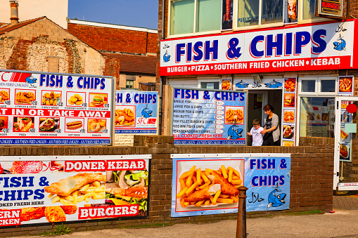 Blackpool, United Kingdom - April 21, 2018; fish and chips shop on the boulevard of Blackpool