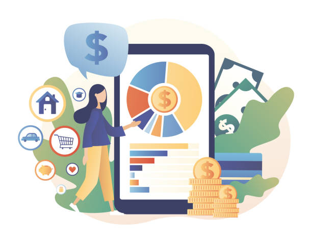 stockillustraties, clipart, cartoons en iconen met budget management app. persoonlijke financiële controle. kasstroom. de uiterst kleine vrouw beheert het persoonlijke budget. moderne vlakke beeldverhaalstijl. vectorillustratie op witte achtergrond - huishoudkosten