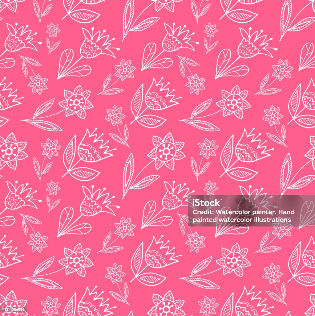 Pink Patterns Draw Pink Folk Floral Seamless Pattern Hand Drawing Vector Illustration ...