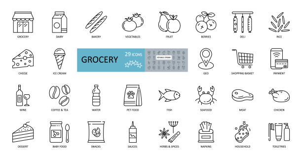 ilustrações de stock, clip art, desenhos animados e ícones de vector set of 29 grocery icons with editable stroke. images of the departments of the grocery store, online sales, geo delivery, consumer basket, dairy and meat products, bread, vegetables, fruits - food