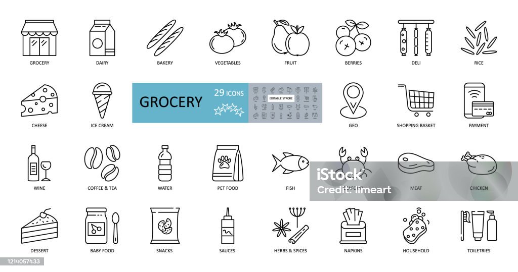 Vector set of 29 grocery icons with editable stroke. Images of the departments of the grocery store, online sales, geo delivery, consumer basket, dairy and meat products, bread, vegetables, fruits Icon stock vector