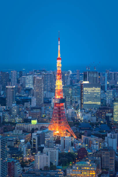 skyline de tokio con la torre de tokio al atardecer. japón - tokyo tower shinjuku ward tokyo prefecture communications tower fotografías e imágenes de stock
