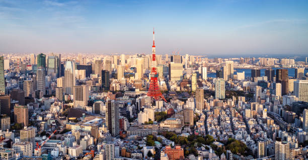 панорамный горизонт токио с токийской башней на закате. япония - tokyo tower shinjuku ward tokyo prefecture communications tower стоковые фото и изображения
