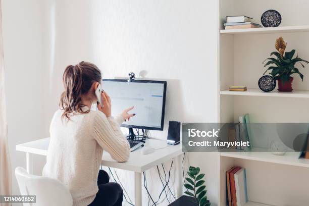 Work From Home During Coromavirus Pandemic Woman Stays Home Workspace Of Freelancer Office Interior With Computer Stock Photo - Download Image Now