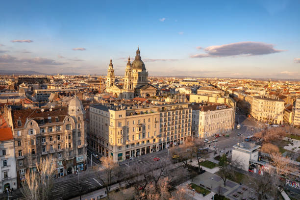 Budapest city center skyline with the St Stephen’s church in middle of a frame