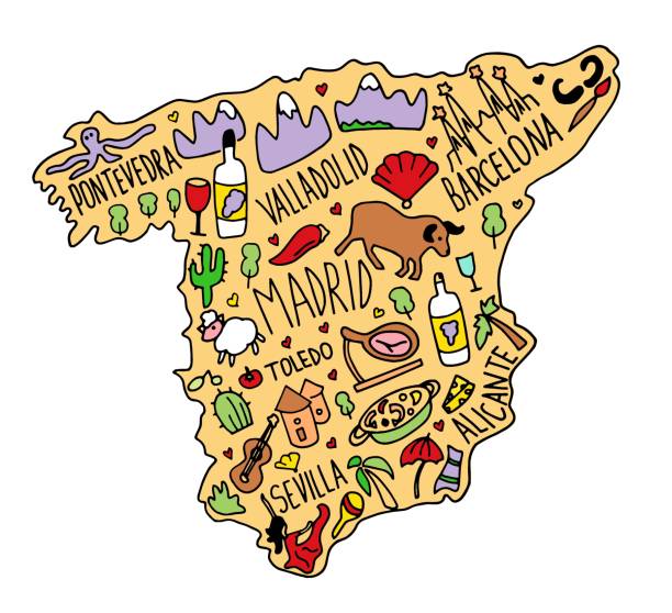 ilustrações de stock, clip art, desenhos animados e ícones de colored hand drawn doodle spain map. spanish city names lettering and cartoon landmarks, - food and drink fruit cartoon illustration and painting