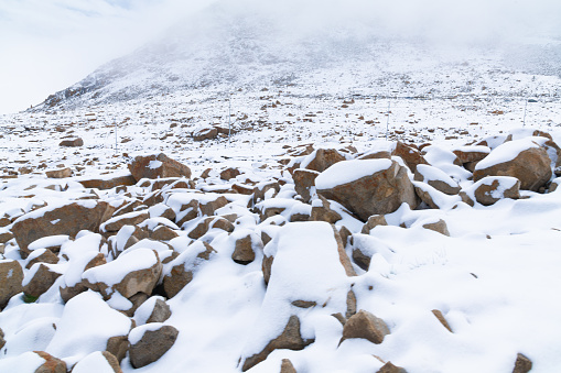 Landscape of Snow and mountain road to Nubra valley in Leh, Ladakh India