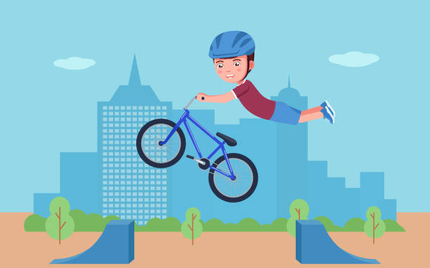 ilustrações de stock, clip art, desenhos animados e ícones de boy performs a stunt on a bmx bike in a park - bmx cycling sport teenagers only teenager
