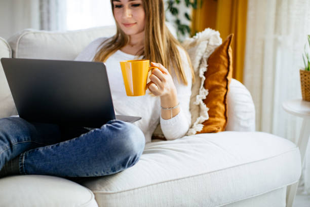 istock Happy smiling woman sitting on sofa and using laptop 1214063651