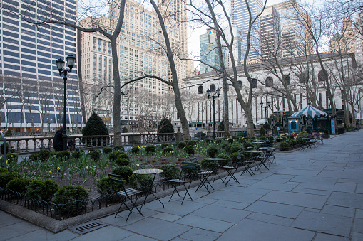 New York City, U.S.A - March 21st, 2020:  Less people at Bryant park due to Coronavirus outbreak.