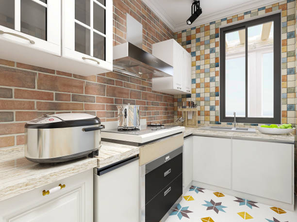 istock 3D rendering,Modern family kitchen design, new cabinets and kitchenware with refrigerators, sunlight from the window. 1214066299