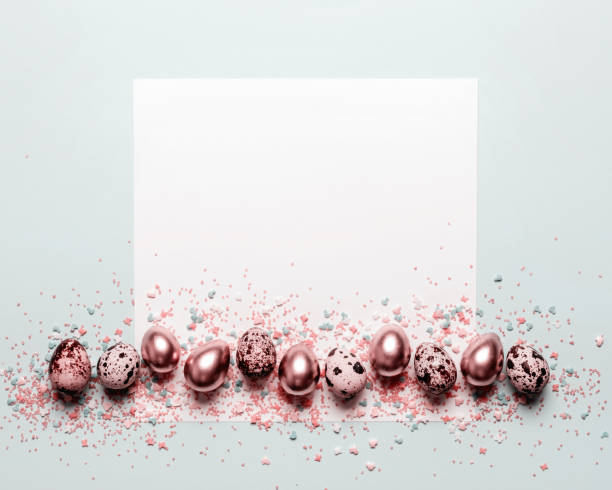 istock Background with Pink golden easter eggs. Happy easter greeting card. Monochrome retro tinted 1214066394