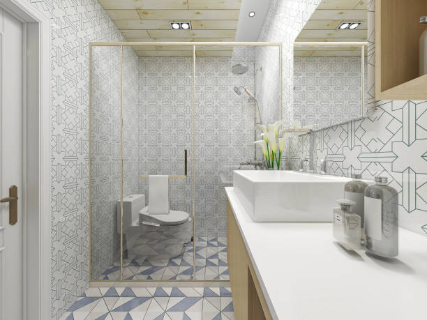 istock 3D rendering, modern residential clean bathroom design, with washbasins, mirrors, toilets, shower equipment and bathtubs 1214067147