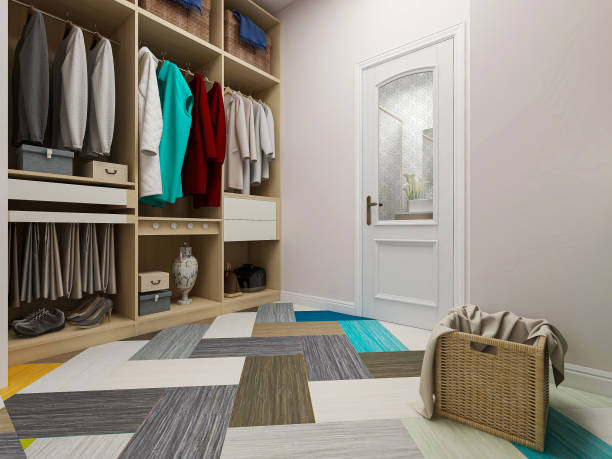 istock .3D rendering, elegant and spacious bedroom design in modern apartment, dressing room next to large bed, dressing table and green plants 1214067813