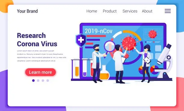 Vector illustration of Research laboratory concept for Covid-19 Corona virus with scientists working at medicine laboratorium. Modern flat web page design for website and mobile website development. Vector illustration