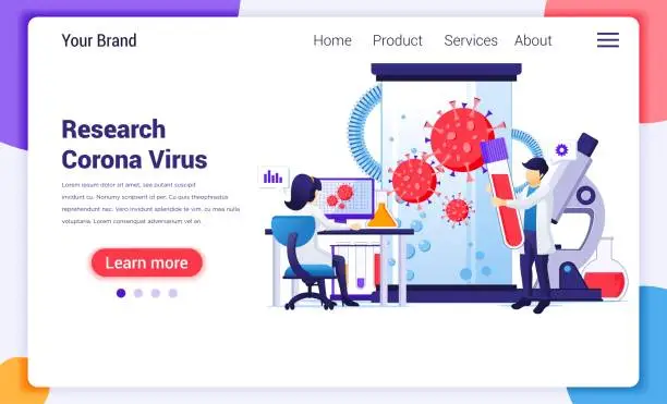 Vector illustration of Research laboratory concept for Covid-19 Corona virus with scientists working at medicine laboratorium. Modern flat web page design for website and mobile website development. Vector illustration