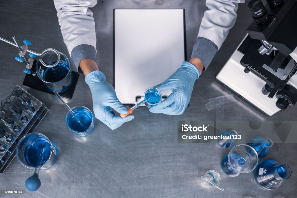 Lab Microscope Top View Top View Workspace In Laboratory With Microscope Laptop And Laboratory ...