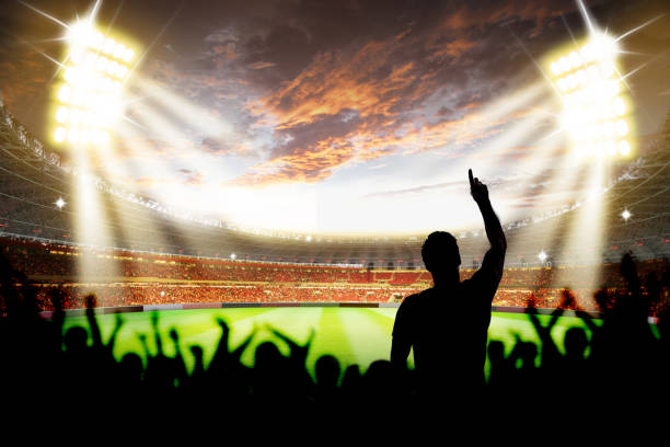3D Rendering of a Football soccer Stadium at night in lights stock photo