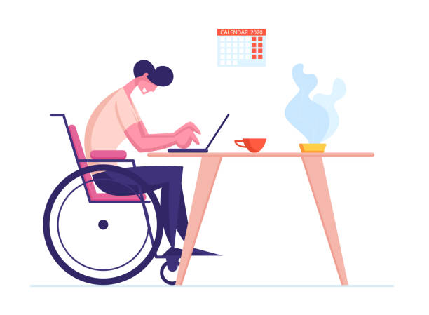 Disabled Man Sit on Wheelchair Working on Laptop with Calendar 2020 Hanging on Wall. Handicapped Male Character Freelance Worker Earning Money in Internet, Online Income. Cartoon Vector Illustration Disabled Man Sit on Wheelchair Working on Laptop with Calendar 2020 Hanging on Wall. Handicapped Male Character Freelance Worker Earning Money in Internet, Online Income. Cartoon Vector Illustration disabled adult stock illustrations