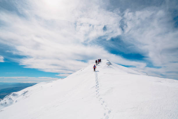 冬の高地山頂で連続して上に移動する山岳登山チーム - snow hiking ストックフォトと画像