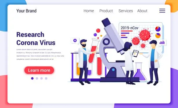 Vector illustration of Research laboratory concept for Covid-19 Corona virus with scientists working at medicine laboratorium. Modern flat web page design for website and mobile website development. Vector illustration