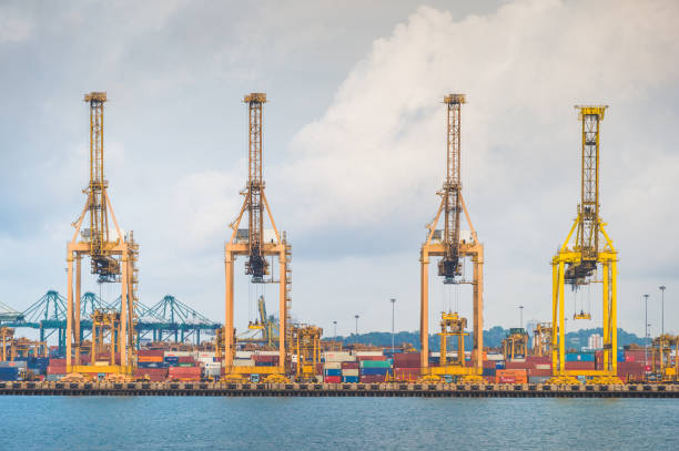 istock Logistics and transportation of Container Cargo ship and Cargo with working crane bridge in shipyard at sunrise, logistic import export and transport industry background 1214072626