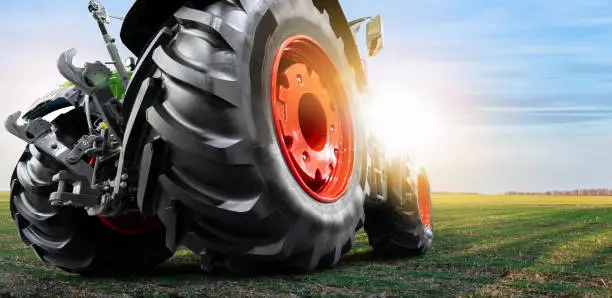 Bottom view of tractor. Close up of wheels