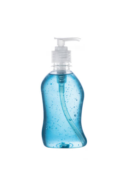 Clear hand sanitizer in a clear pump bottle isolated on a white background. Hand sanitizer is used for killing germs, bacteria and viruses, coronavirus, H1N1 flu or swine flu. stock photo