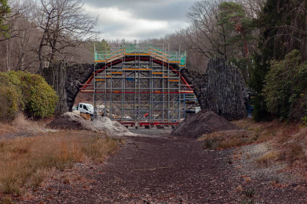 Renovation of Rakotzbrücke and the grotto in Rhododendronpark Kromlau stock photo