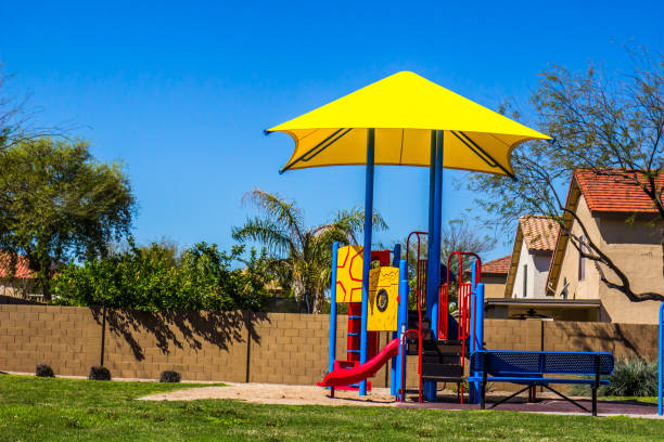 istock Children's Playground Equipment With Slides 1214075389