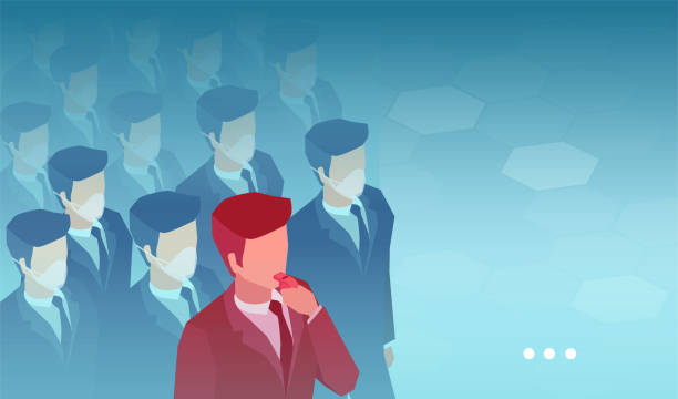 Vector of a crowd of people wearing facial masks and a whistleblower man Vector of a crowd of people wearing facial masks and a whistleblower man whistleblower human role stock illustrations