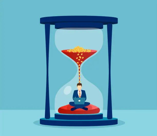 Vector illustration of Vector of a man in suit sitting inside hourglass and working on his laptop. Productivity and time management concept.