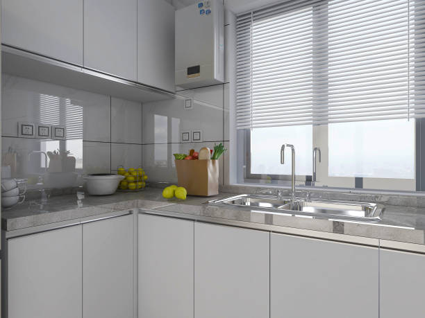 istock 3D rendering,Modern family kitchen design, new cabinets and kitchenware with refrigerators, sunlight from the window. 1214079423