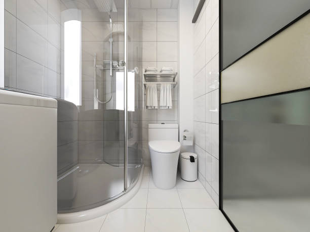 istock 3D rendering,Clean modern residential bathroom and toilet design, which is equipped with washstand, toilet and shower equipment, etc. 1214079503
