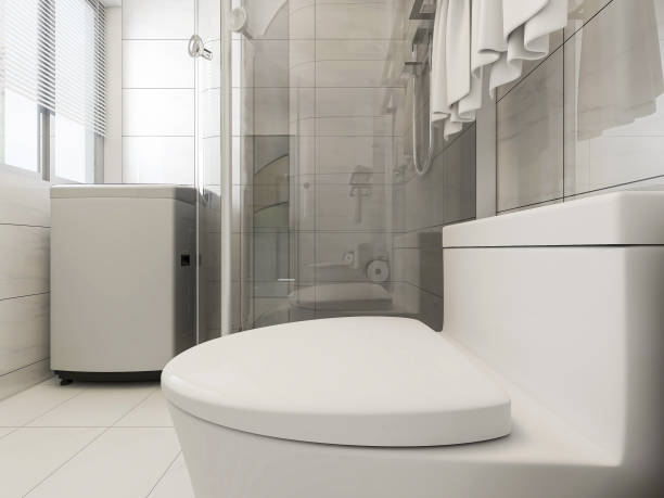 istock 3D rendering,Clean modern residential bathroom and toilet design, which is equipped with washstand, toilet and shower equipment, etc. 1214079511