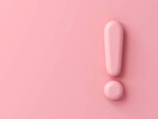 Photo of 3d pink exclamation mark icon isolated on pink pastel color wall background