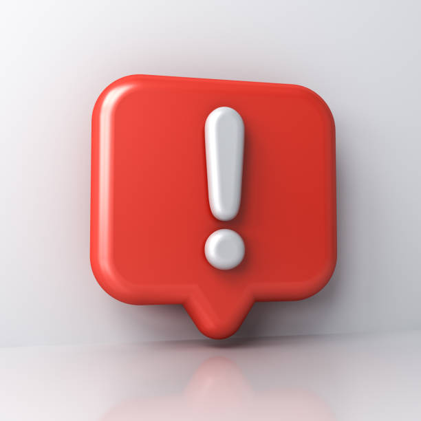 istock 3d Exclamation mark in 3d red social media notification pin icon isolated on white wall background with shadow and reflection 1214081819