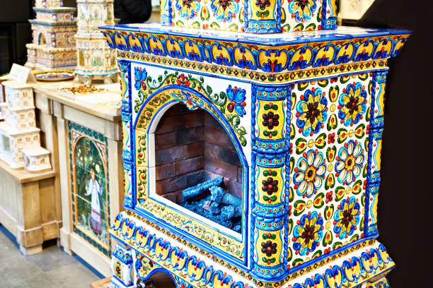 Two tier fireplace with colored glazed coloring on exhibition