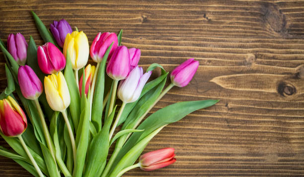 istock Spring tulips bouquet on wooden background with copy pace, spring greeting 1214084144