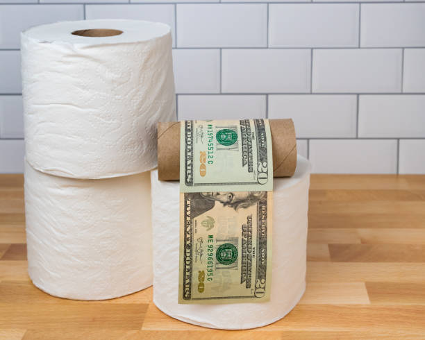 lege wc-papierrol verpakt in 20 dollar biljetten. concept van aanbod tekort, hamsteren en prijs gutsen als gevolg van coronavirus, covid-19 wereldwijde pandemie - rigging stockfoto's en -beelden