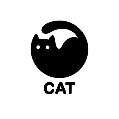 Black cat symbol in circle shape. Simple cat silhouette, geometric art.