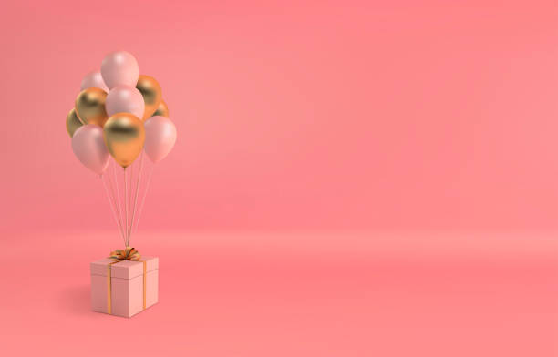 istock Vector illustration of realistic balloons and gift box with bow on pink background. Empty space for party, promotion social media banners, posters. 1214085594